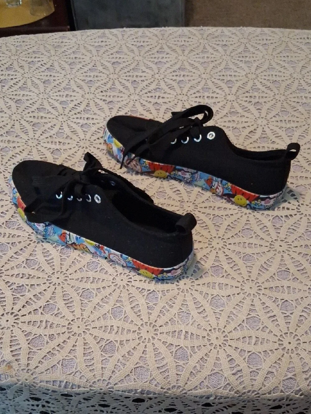 Kids Black Canvas Sneakers with Colorful Printed Toe Trim